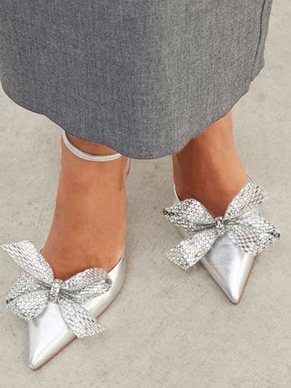 Silver Pointed-Toe Ankle-Strap Pump with Crystal Bow Accent